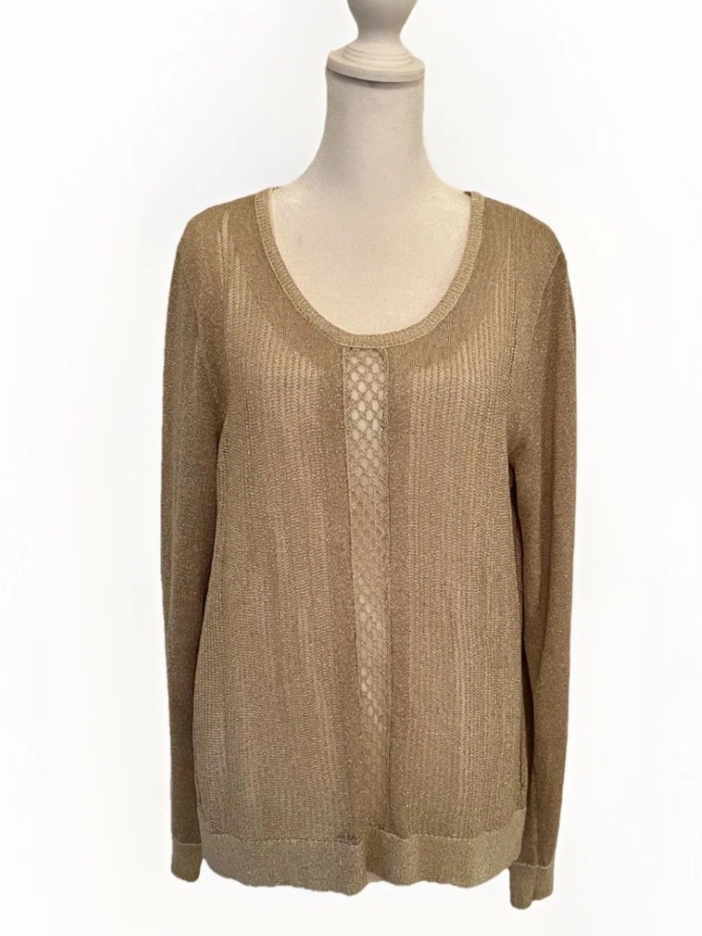 Lucky Brand Women's Metallic Silver Ivory Long Sleeve Lined Sweater Top Sz M